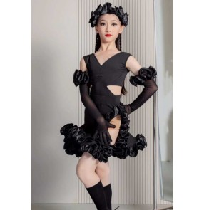 Girls kids ruffles black ballroom latin dance dress modern salsa rumba chacha model show party stage performance dance wear for children